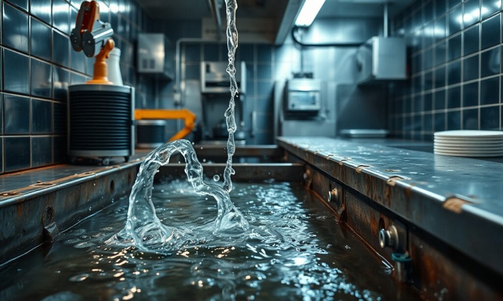 Grease trap overflow emergency in restaurant kitchen